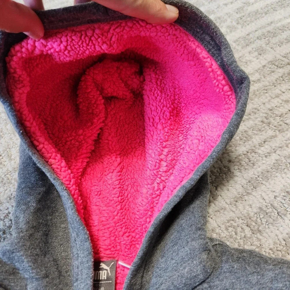 Puma girls heavyweight sherpa lined hoodie jacket grey pink size XS 5/6